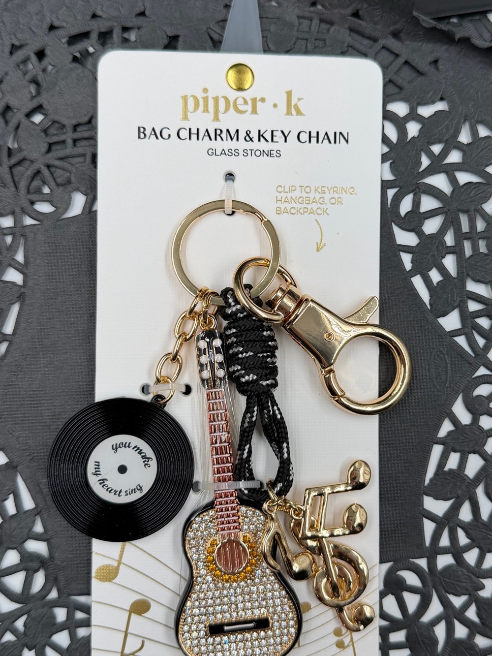piper k rhinestone guitar bag charm music keychain y2k glam